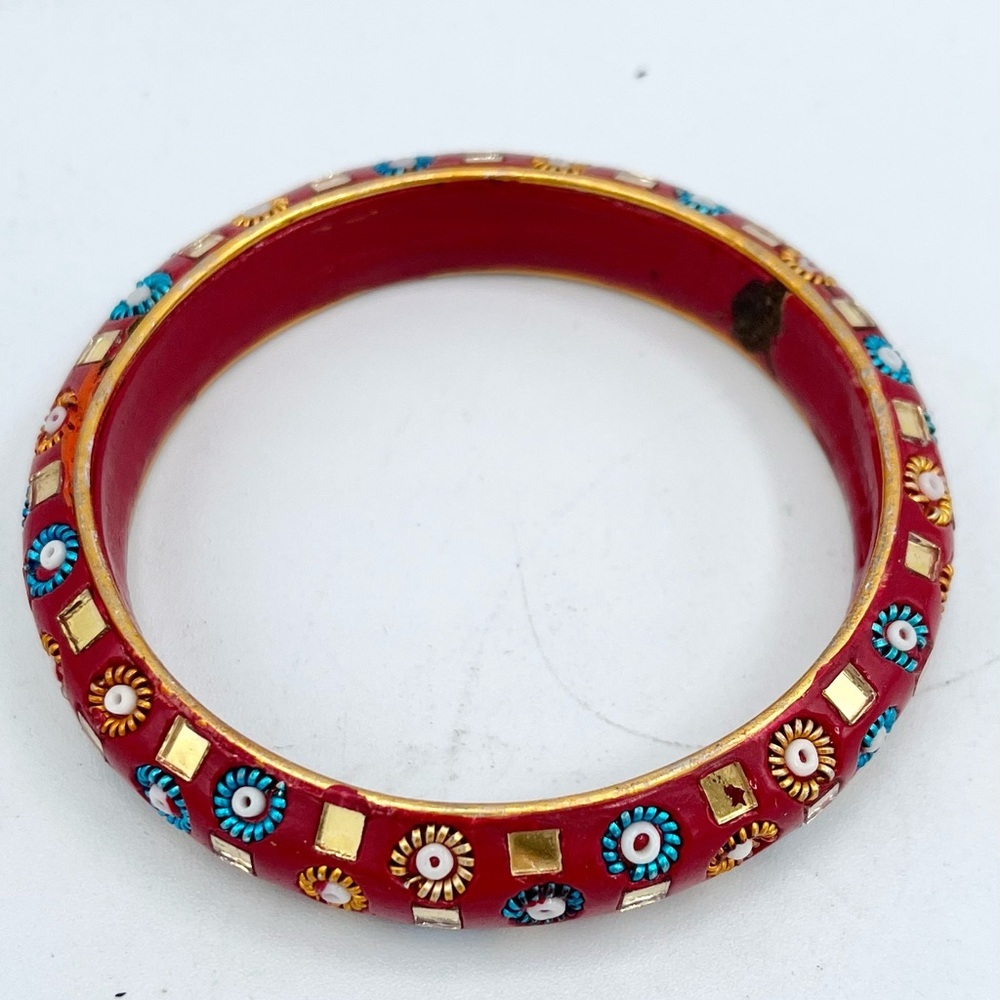 Indian Beaded Bangle Cuff Bracelet Red/Gold Ethnic Boho Bohemian 3.25” Diameter